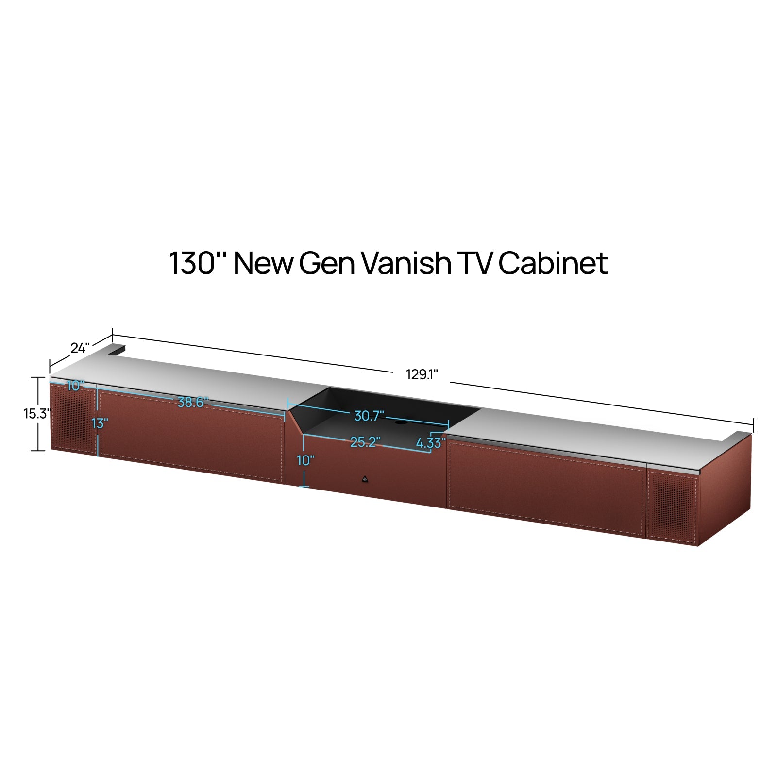 AWOL Vision New Gen Vanish TV Cabinet 130-inch size diagram with cabinet dimensions for floor-rising screen compatibility.