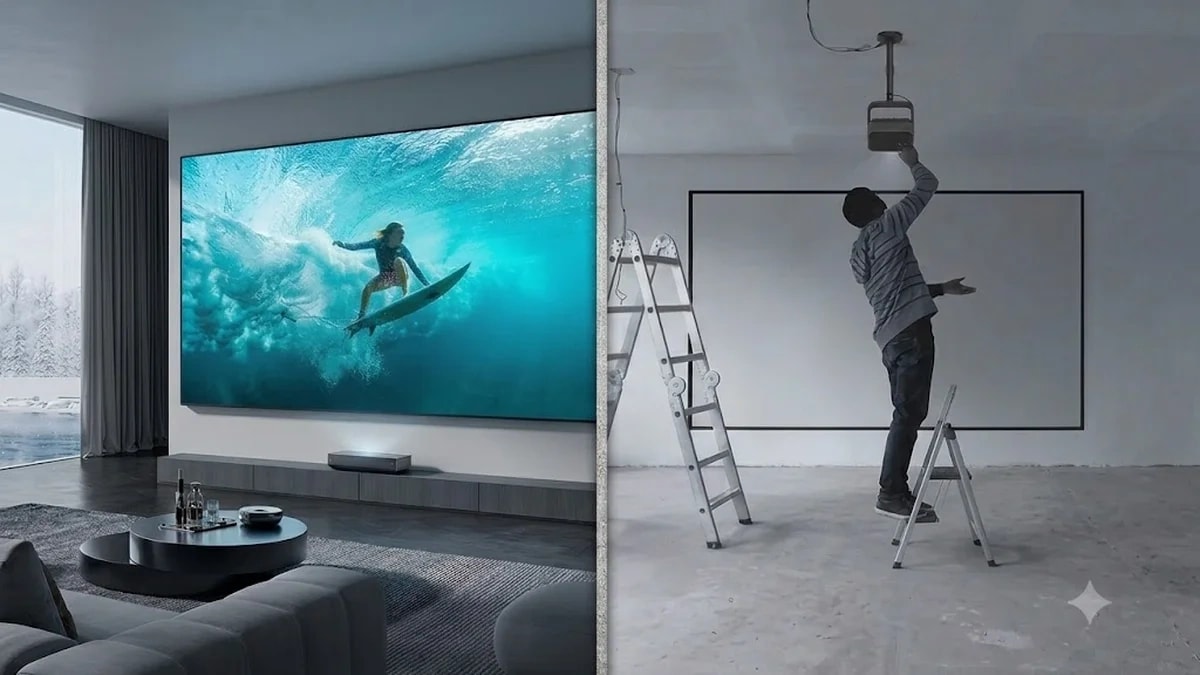Comparaison entre un vidéoprojecteur ultra-courte focale dans un salon et un projecteur monté au plafond.