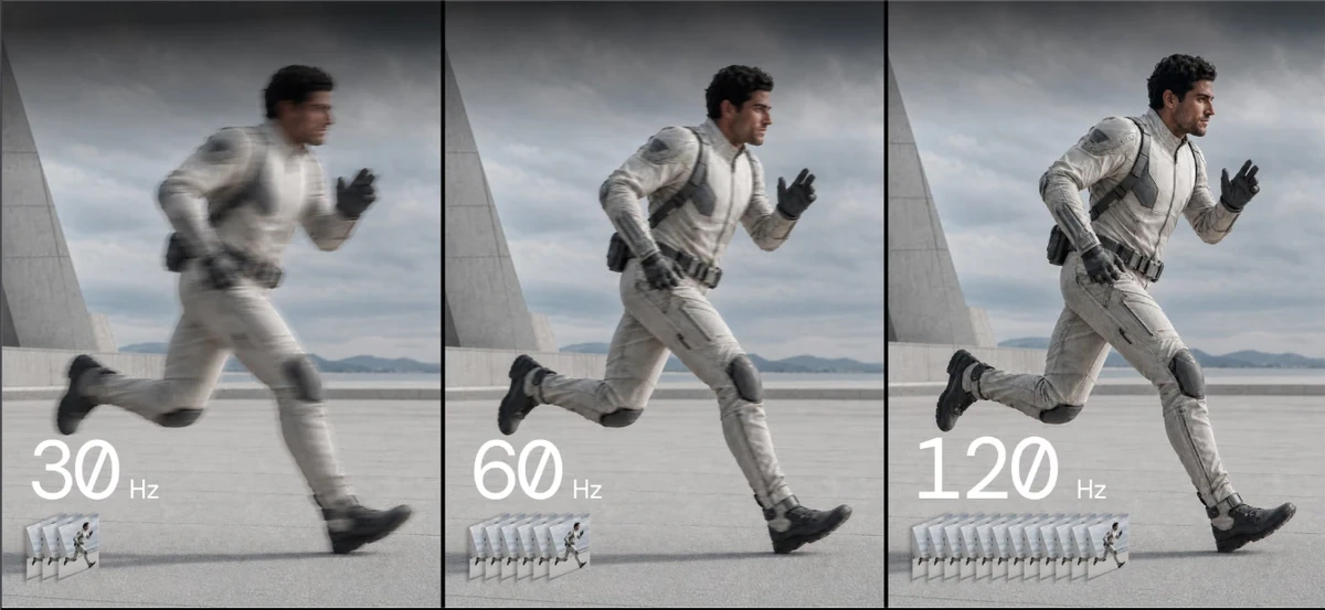 Comparaison de mouvement à 30 Hz, 60 Hz et 120 Hz sur un projecteur.